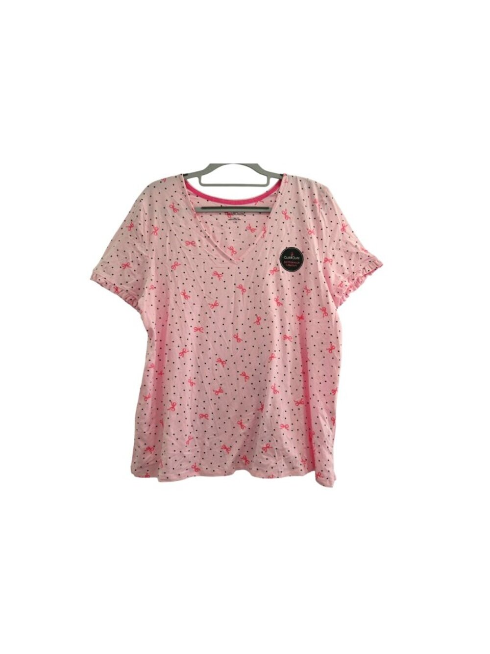 NWT Cuddl Duds Polka Dot Bow Print Top Sz L Pink Cotton Rich Ultra Soft Lounge